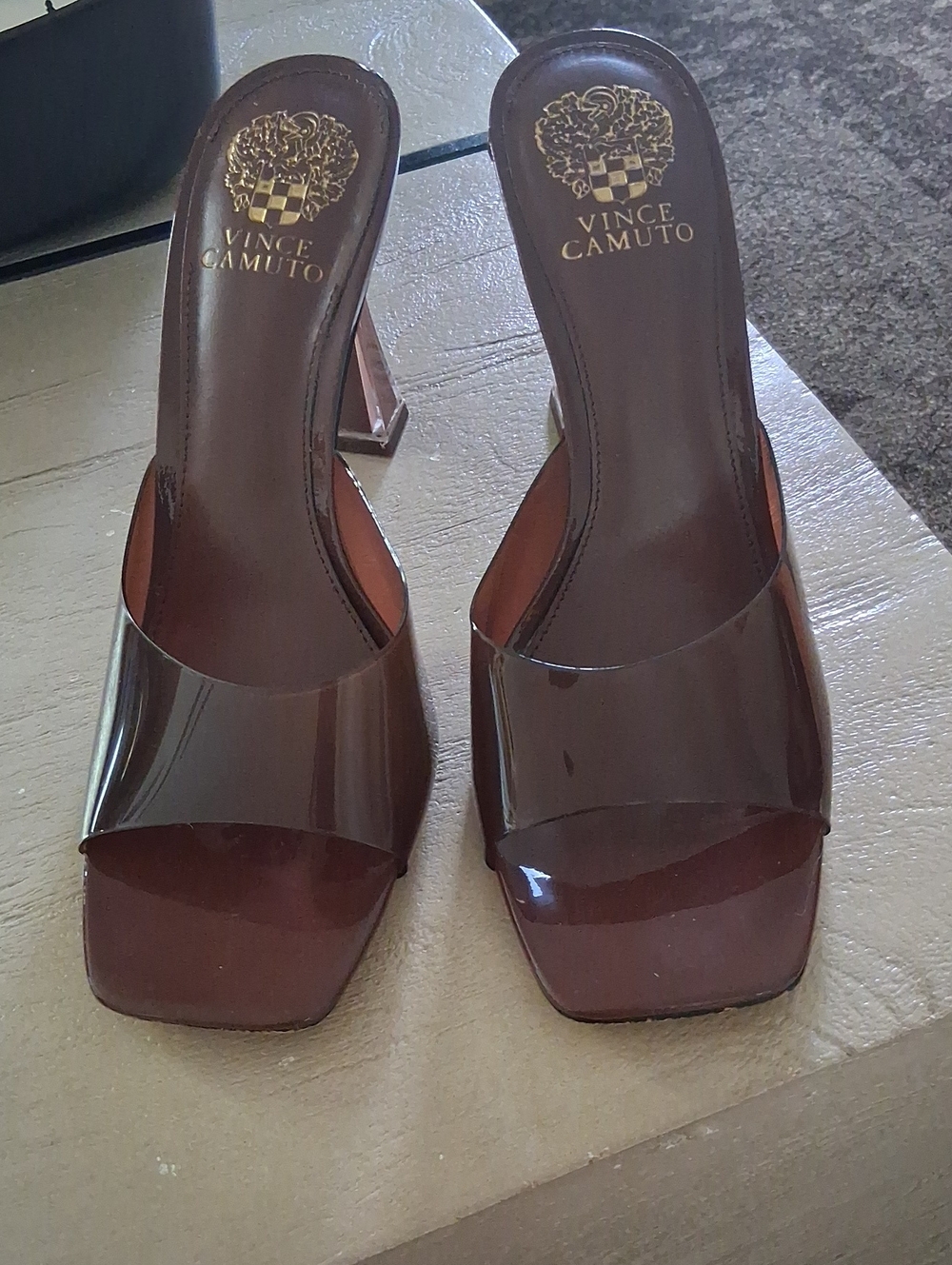 Vince Camuto Brown Patent Slide Mules with Clear Upper